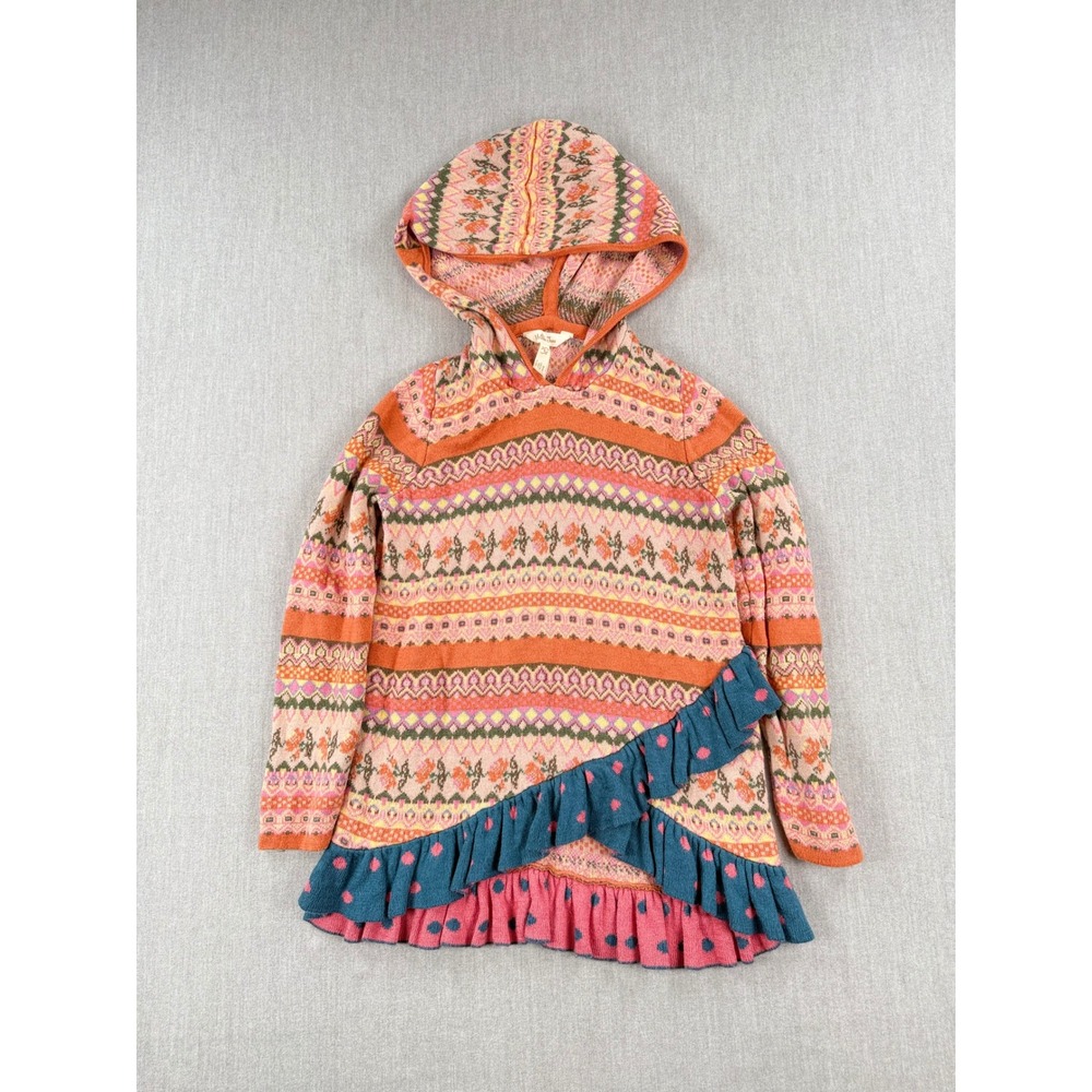 Matilda Jane Girls Orange Pink Fair Isle Knit Hooded Ruffle Tunic Sweater Size 8